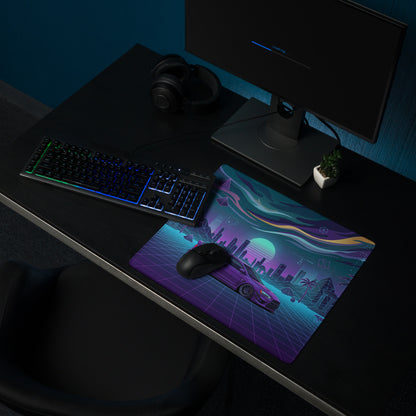 Mitsubishi Lancer Evolution X Inspired Purple Blue Vaporwave Gaming Mouse Pad, Neon JDM Rally Car Desk Mat with Retro Futuristic Cyber Grid Artwork