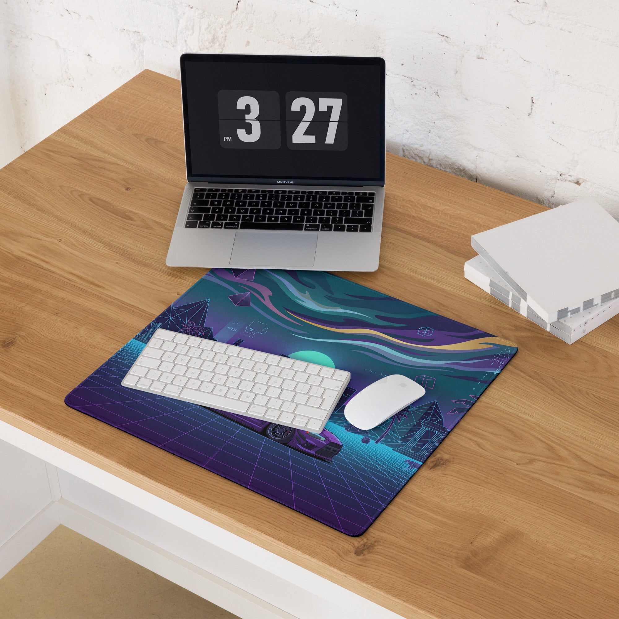 Mitsubishi Lancer Evolution X Inspired Purple Blue Vaporwave Gaming Mouse Pad, Neon JDM Rally Car Desk Mat with Retro Futuristic Cyber Grid Artwork