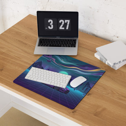 Mitsubishi Lancer Evolution X Inspired Purple Blue Vaporwave Gaming Mouse Pad, Neon JDM Rally Car Desk Mat with Retro Futuristic Cyber Grid Artwork