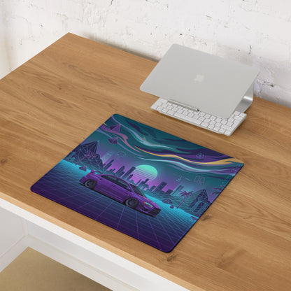 Mitsubishi Lancer Evolution X Inspired Purple Blue Vaporwave Gaming Mouse Pad, Neon JDM Rally Car Desk Mat with Retro Futuristic Cyber Grid Artwork