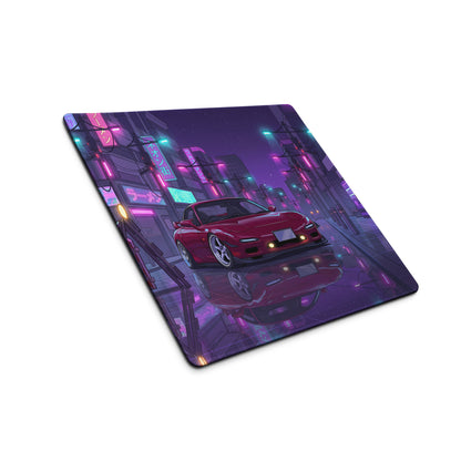 Mazda RX-7 FD Inspired Red Purple Vaporwave Gaming Mouse Pad, Neon JDM Sports Car Desk Mat with Retro Futuristic Japanese City Artwork