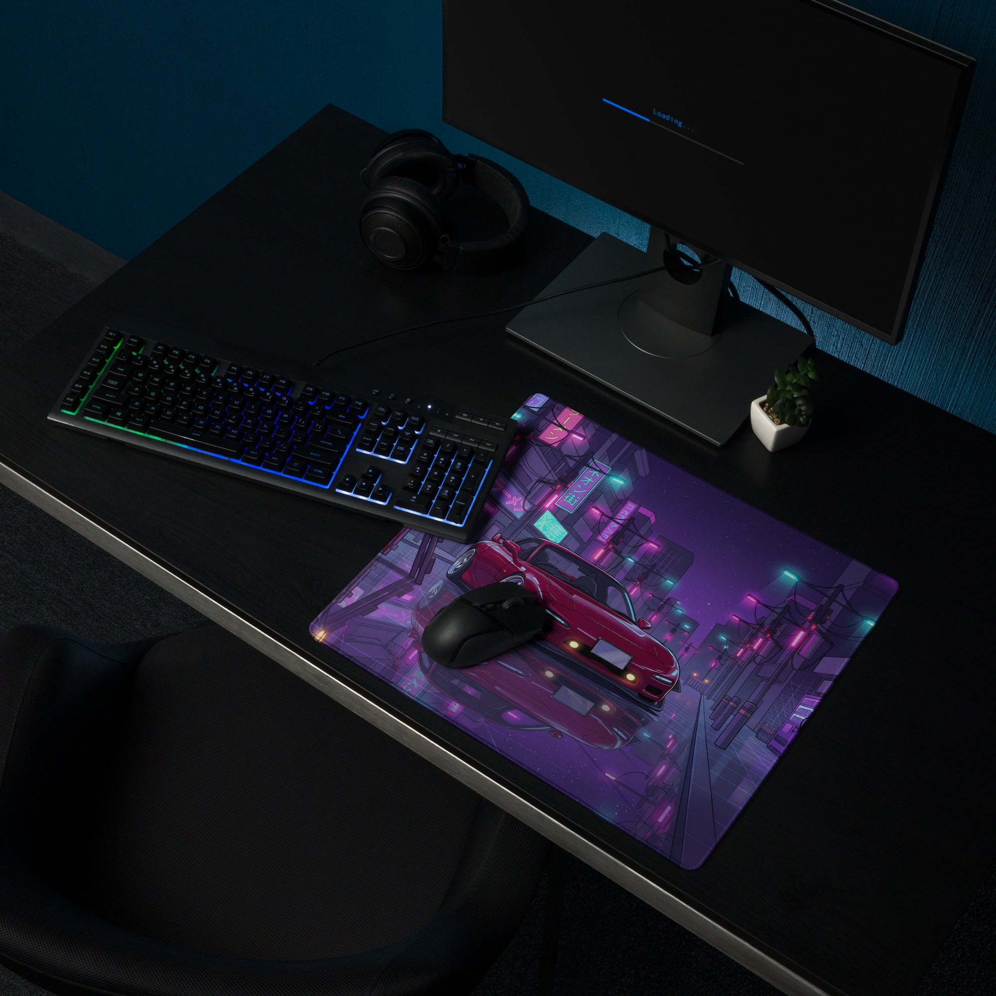 Mazda RX-7 FD Inspired Red Purple Vaporwave Gaming Mouse Pad, Neon JDM Sports Car Desk Mat with Retro Futuristic Japanese City Artwork