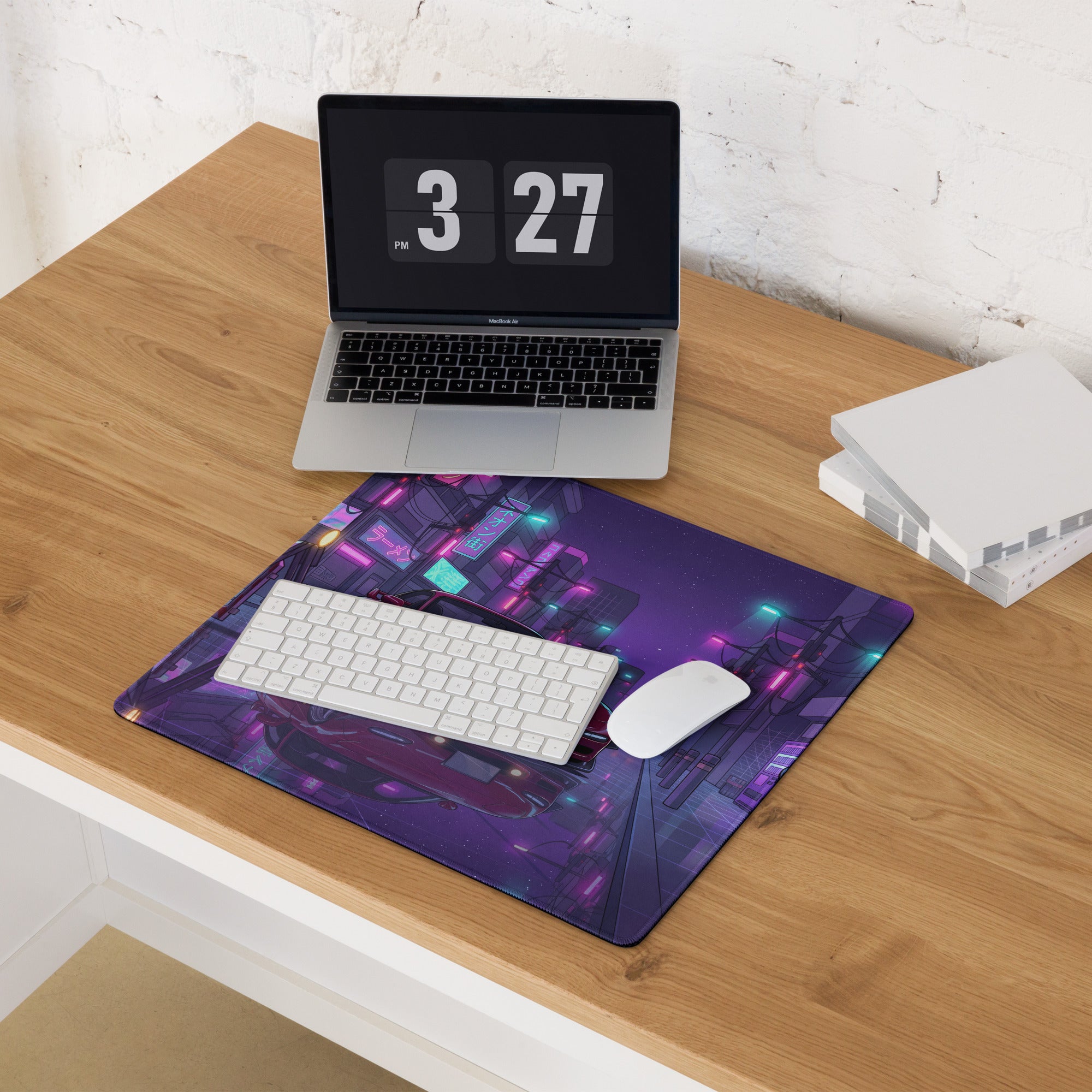 Mazda RX-7 FD Inspired Red Purple Vaporwave Gaming Mouse Pad, Neon JDM Sports Car Desk Mat with Retro Futuristic Japanese City Artwork