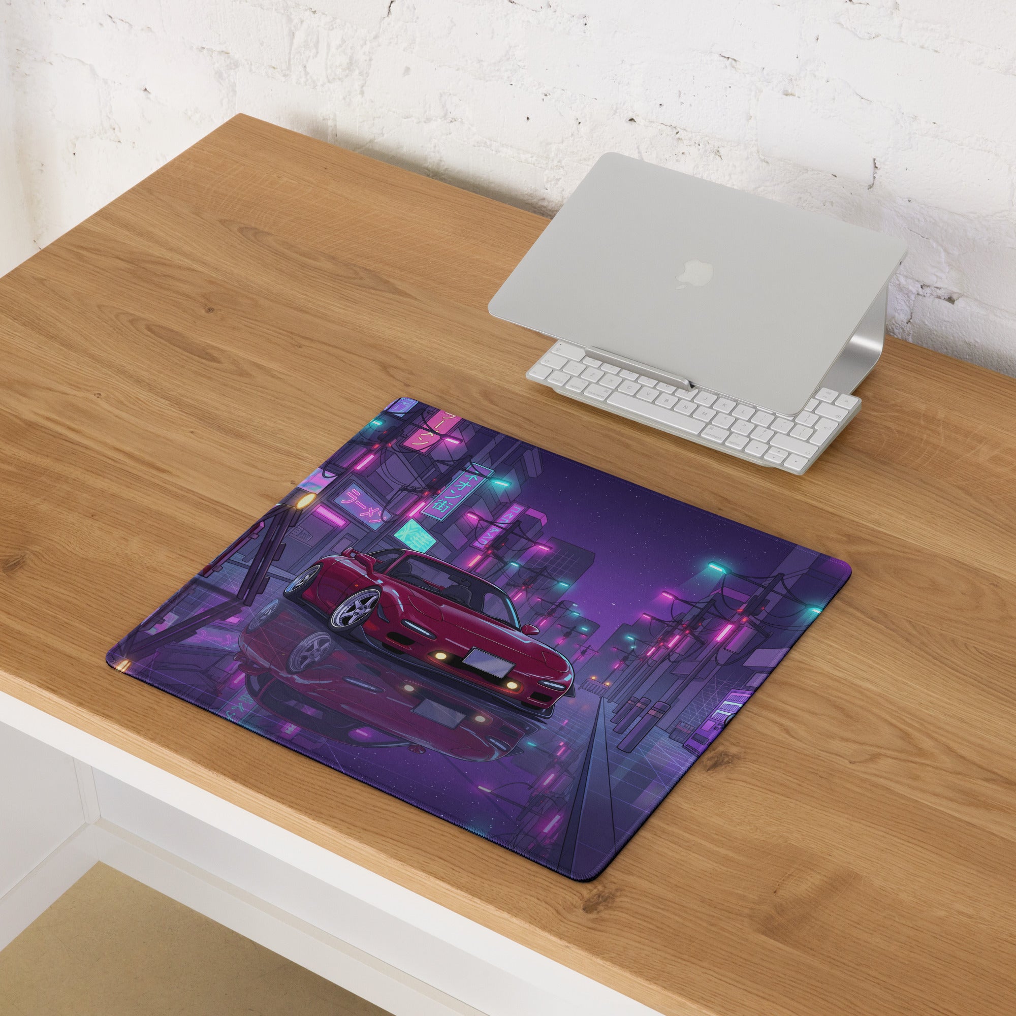 Mazda RX-7 FD Inspired Red Purple Vaporwave Gaming Mouse Pad, Neon JDM Sports Car Desk Mat with Retro Futuristic Japanese City Artwork