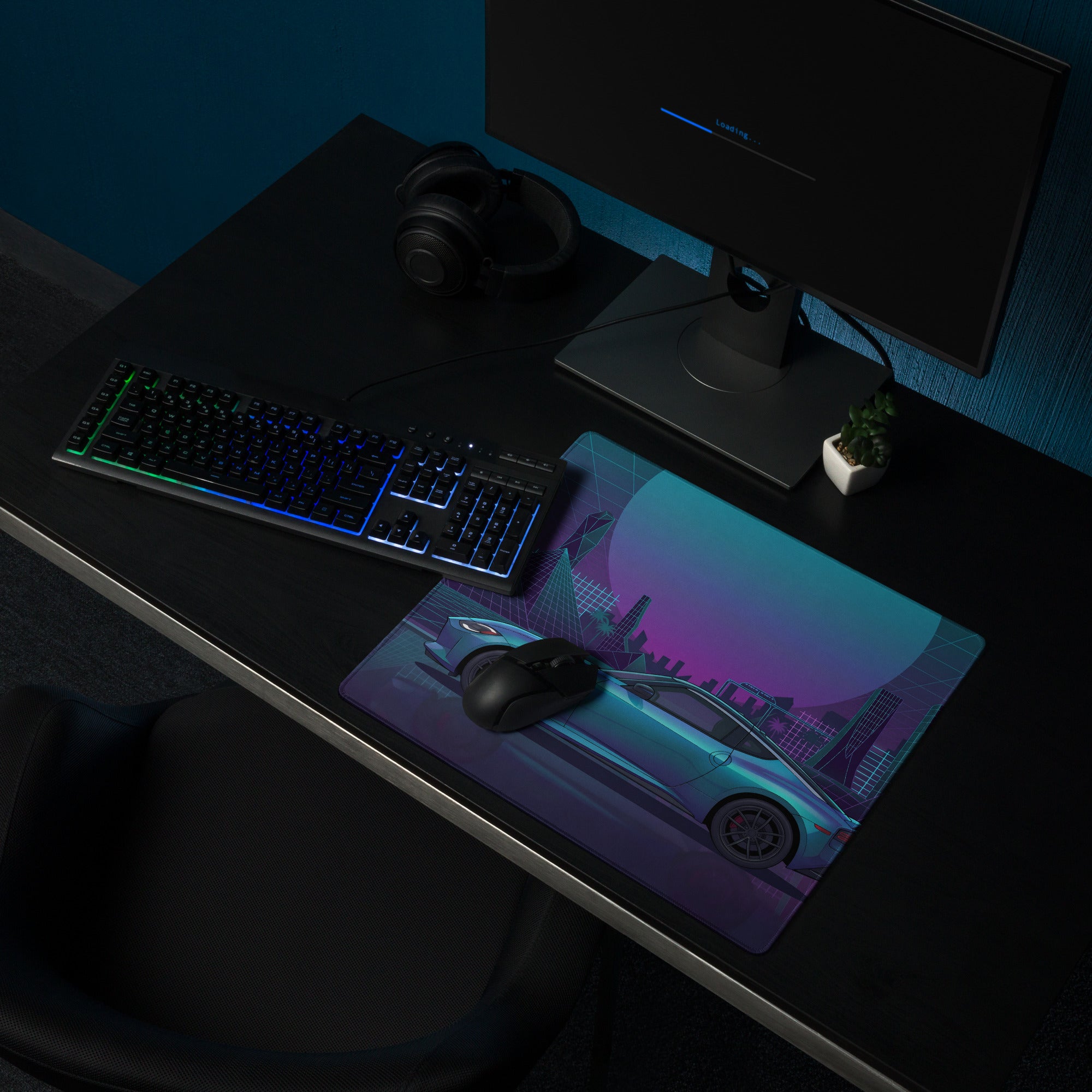 Nissan Z RZ34 Inspired Teal Purple Vaporwave Gaming Mouse Pad, Neon JDM Sports Car Desk Mat with Retro Futuristic Cyber City Artwork