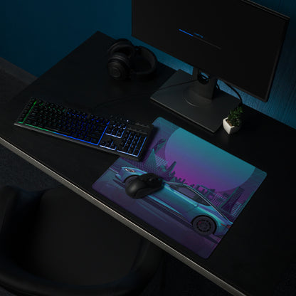Nissan Z RZ34 Inspired Teal Purple Vaporwave Gaming Mouse Pad, Neon JDM Sports Car Desk Mat with Retro Futuristic Cyber City Artwork