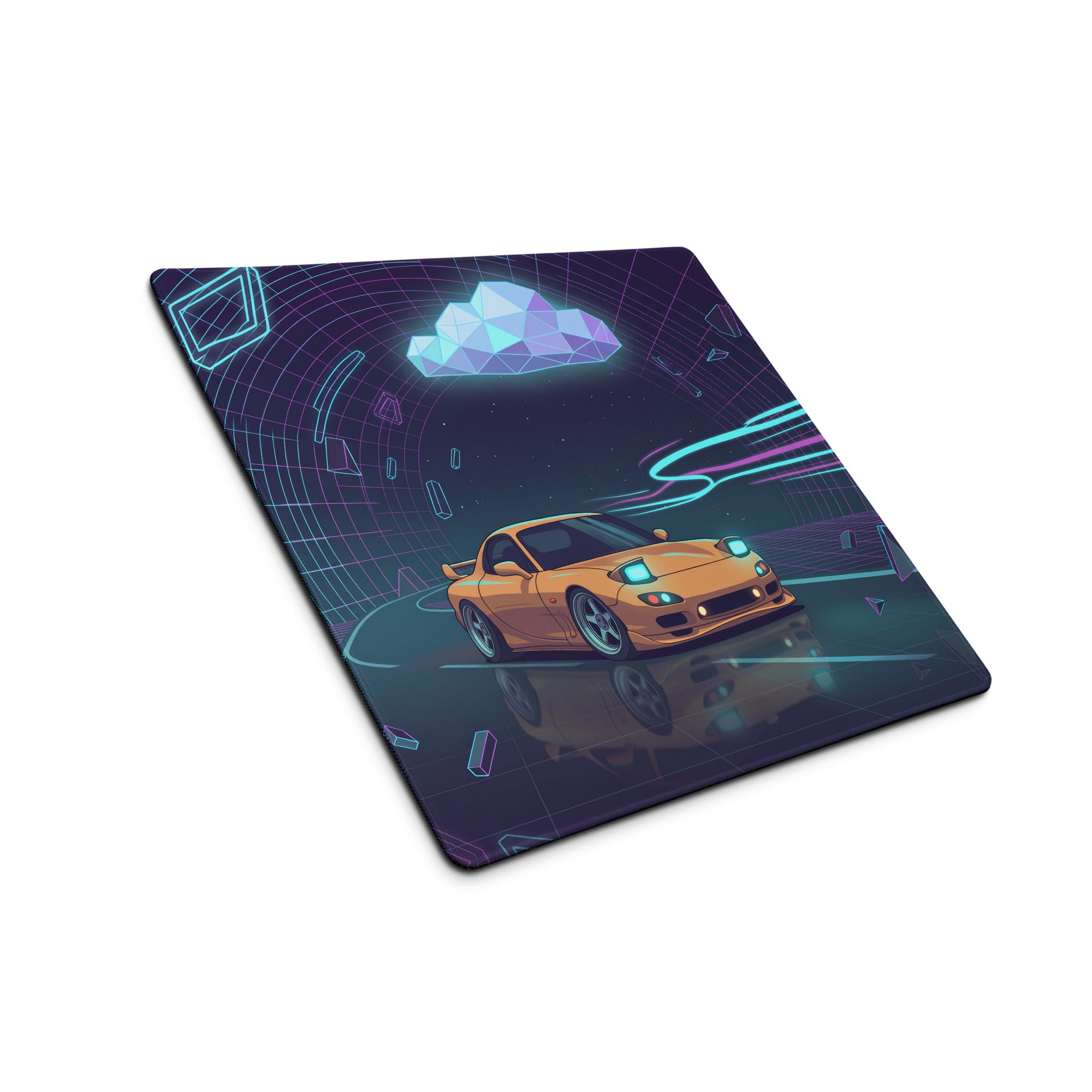 Mazda RX-7 FD Inspired Orange Purple Vaporwave Gaming Mouse Pad, Neon JDM Sports Car Desk Mat with Retro Futuristic Cyber Tunnel Artwork