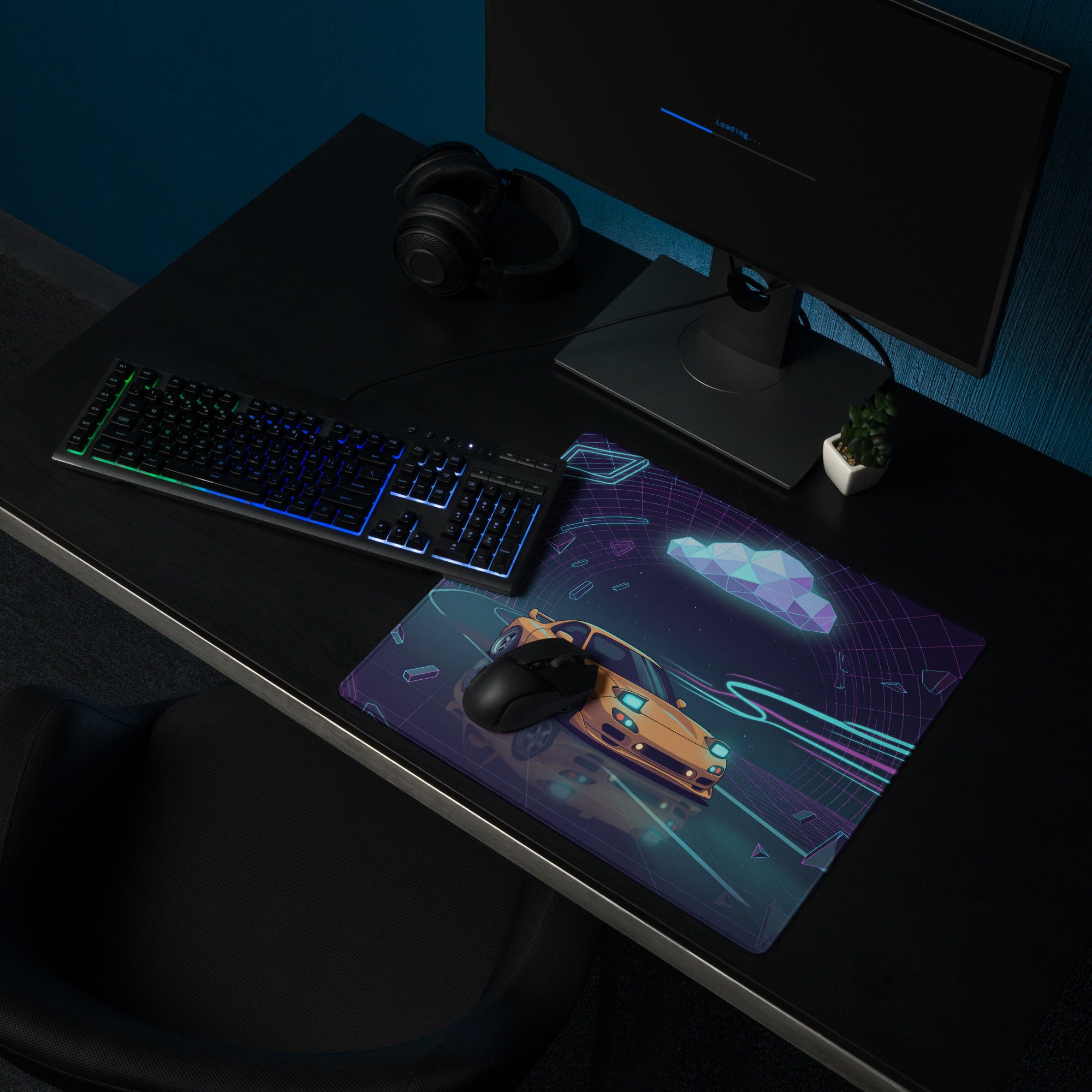 Mazda RX-7 FD Inspired Orange Purple Vaporwave Gaming Mouse Pad, Neon JDM Sports Car Desk Mat with Retro Futuristic Cyber Tunnel Artwork