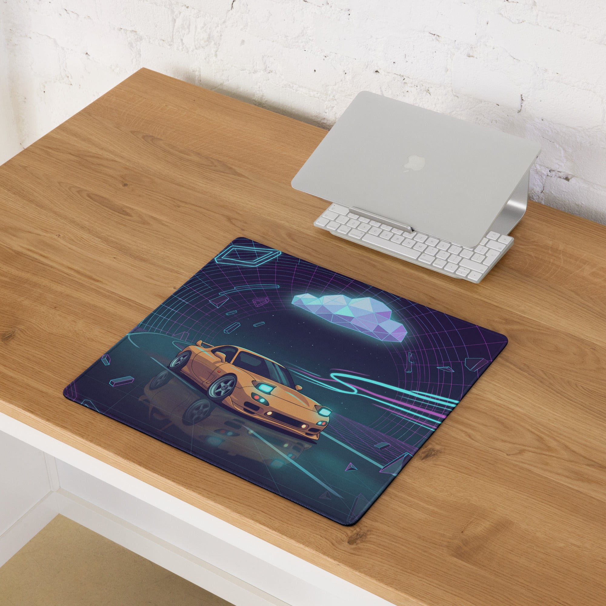 Mazda RX-7 FD Inspired Orange Purple Vaporwave Gaming Mouse Pad, Neon JDM Sports Car Desk Mat with Retro Futuristic Cyber Tunnel Artwork