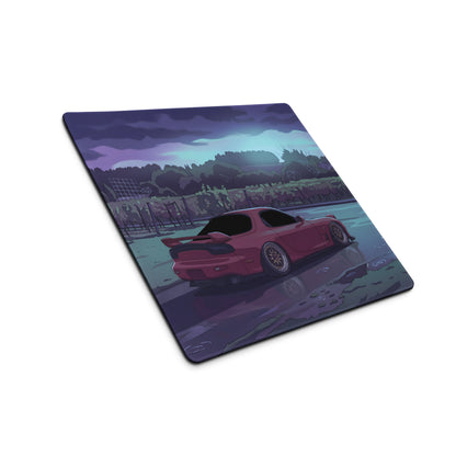 Mazda RX-7 FD Inspired Red Purple Vaporwave Gaming Mouse Pad, Neon JDM Sports Car Desk Mat with Moody Rainy Vineyard Road Artwork