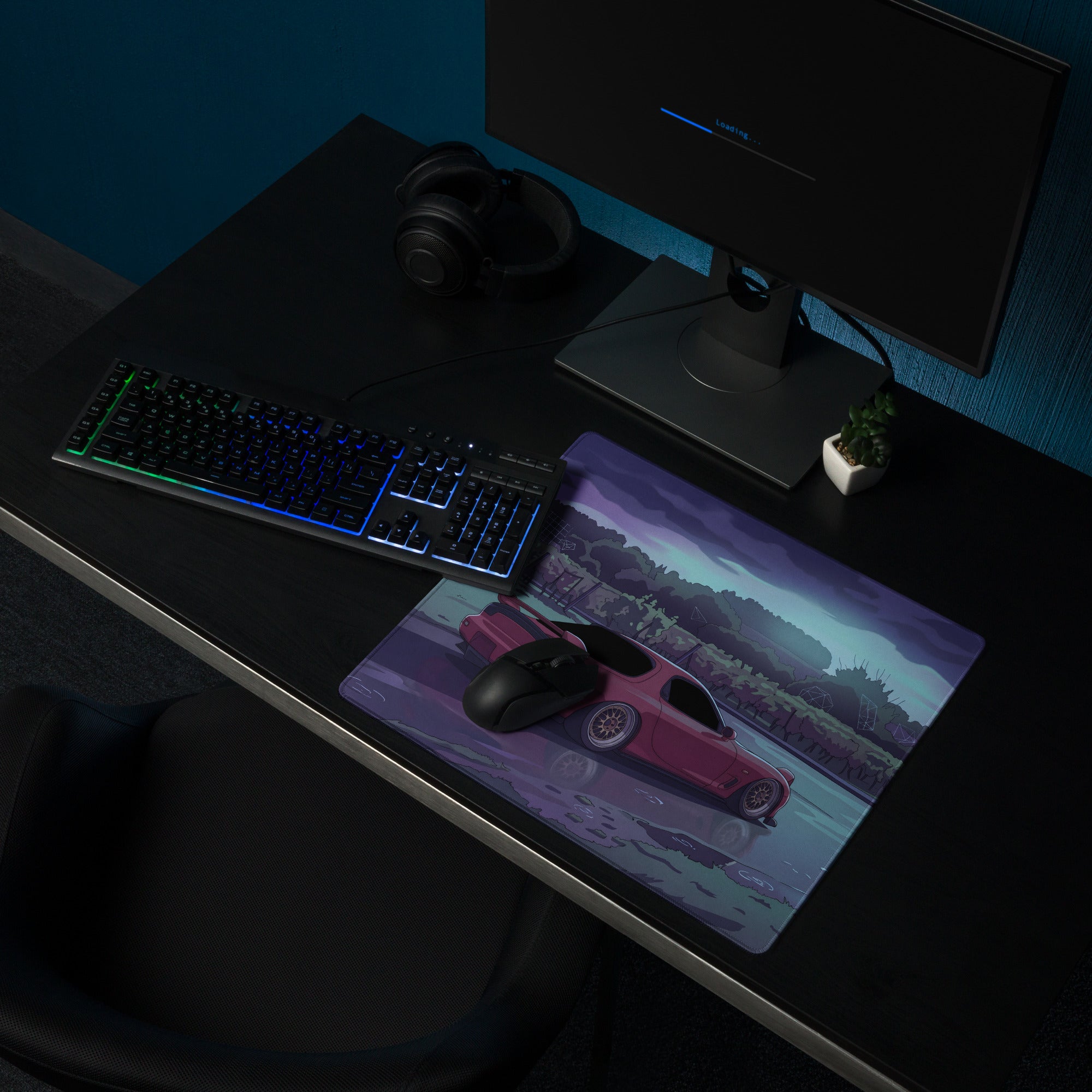 Mazda RX-7 FD Inspired Red Purple Vaporwave Gaming Mouse Pad, Neon JDM Sports Car Desk Mat with Moody Rainy Vineyard Road Artwork