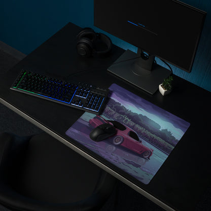 Mazda RX-7 FD Inspired Red Purple Vaporwave Gaming Mouse Pad, Neon JDM Sports Car Desk Mat with Moody Rainy Vineyard Road Artwork
