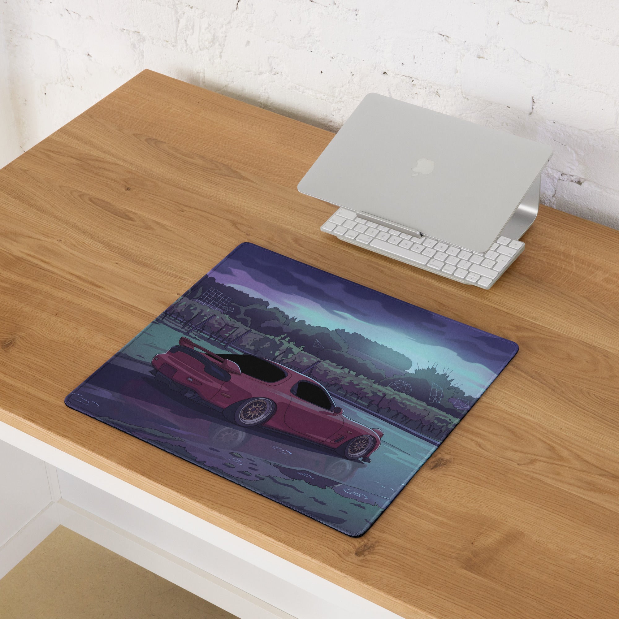 Mazda RX-7 FD Inspired Red Purple Vaporwave Gaming Mouse Pad, Neon JDM Sports Car Desk Mat with Moody Rainy Vineyard Road Artwork