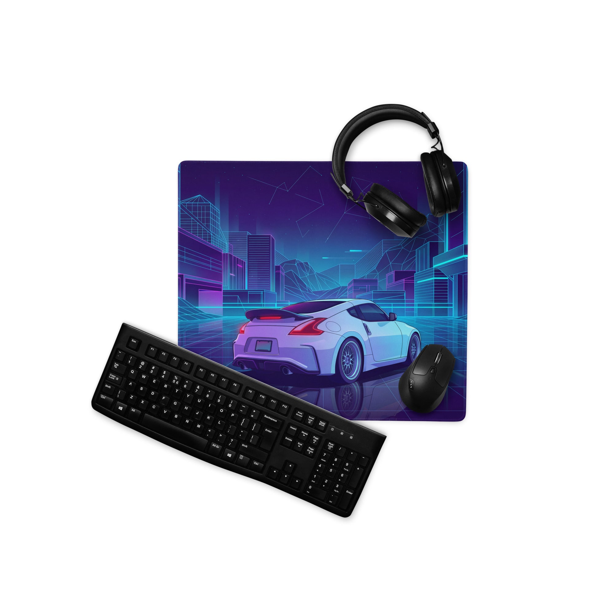 Nissan 370Z Z34 Inspired White Blue Vaporwave Gaming Mouse Pad, Neon JDM Sports Car Desk Mat with Retro Futuristic Cyber City Artwork