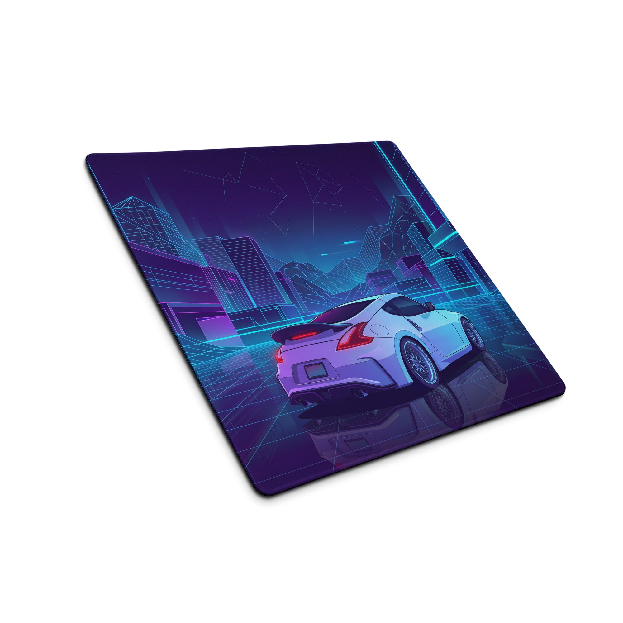Nissan 370Z Z34 Inspired White Blue Vaporwave Gaming Mouse Pad, Neon JDM Sports Car Desk Mat with Retro Futuristic Cyber City Artwork