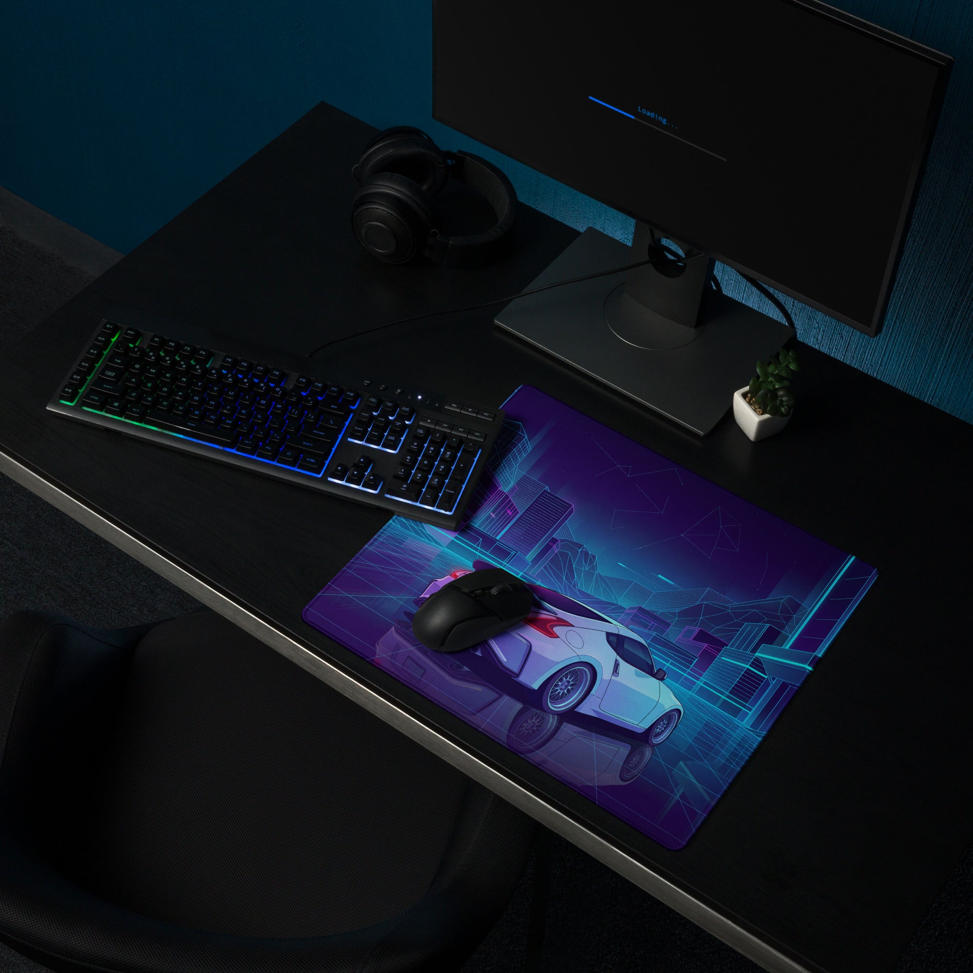 Nissan 370Z Z34 Inspired White Blue Vaporwave Gaming Mouse Pad, Neon JDM Sports Car Desk Mat with Retro Futuristic Cyber City Artwork