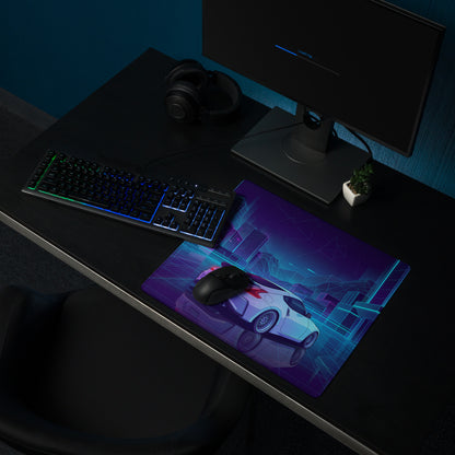 Nissan 370Z Z34 Inspired White Blue Vaporwave Gaming Mouse Pad, Neon JDM Sports Car Desk Mat with Retro Futuristic Cyber City Artwork