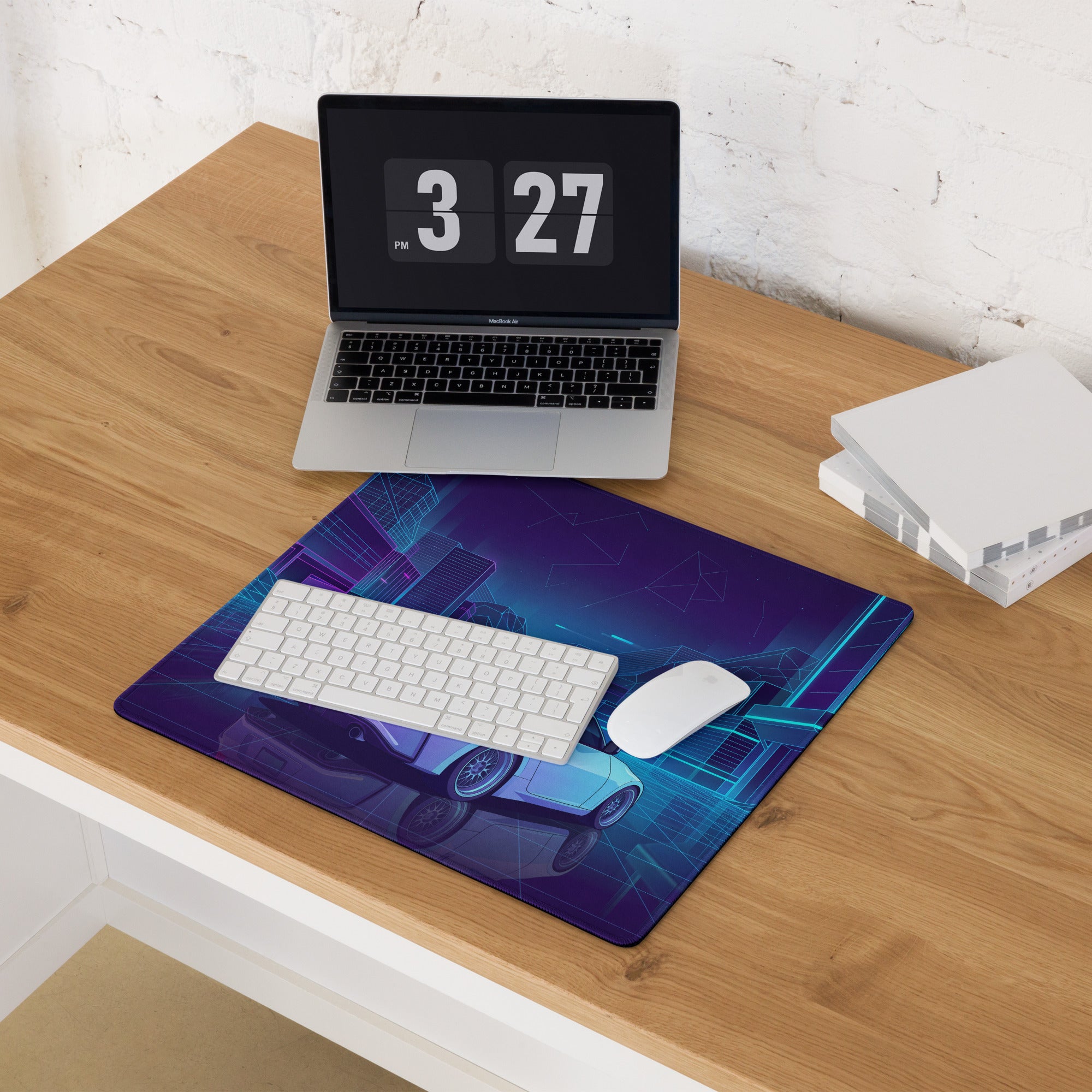 Nissan 370Z Z34 Inspired White Blue Vaporwave Gaming Mouse Pad, Neon JDM Sports Car Desk Mat with Retro Futuristic Cyber City Artwork