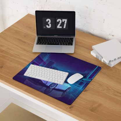 Nissan 370Z Z34 Inspired White Blue Vaporwave Gaming Mouse Pad, Neon JDM Sports Car Desk Mat with Retro Futuristic Cyber City Artwork
