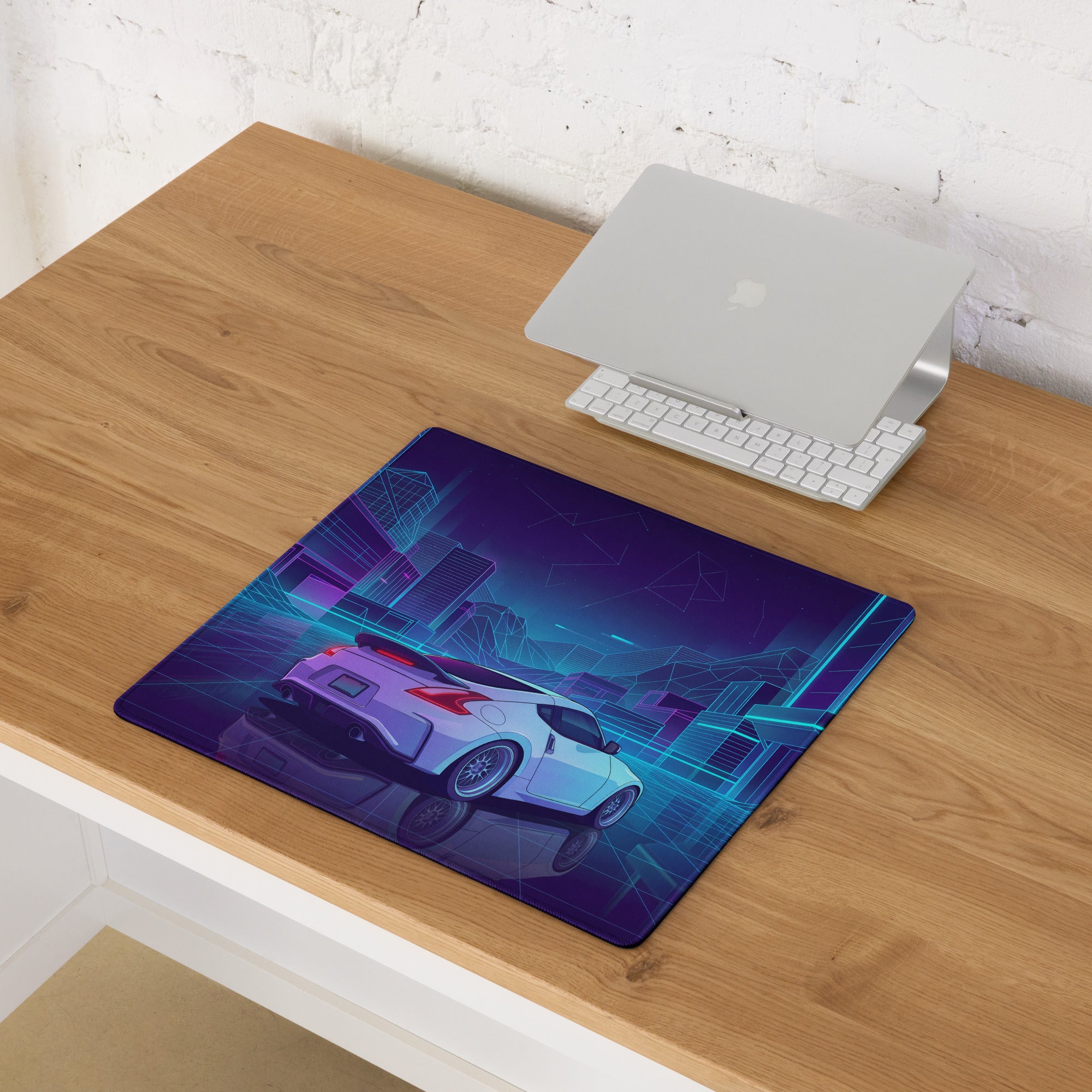 Nissan 370Z Z34 Inspired White Blue Vaporwave Gaming Mouse Pad, Neon JDM Sports Car Desk Mat with Retro Futuristic Cyber City Artwork