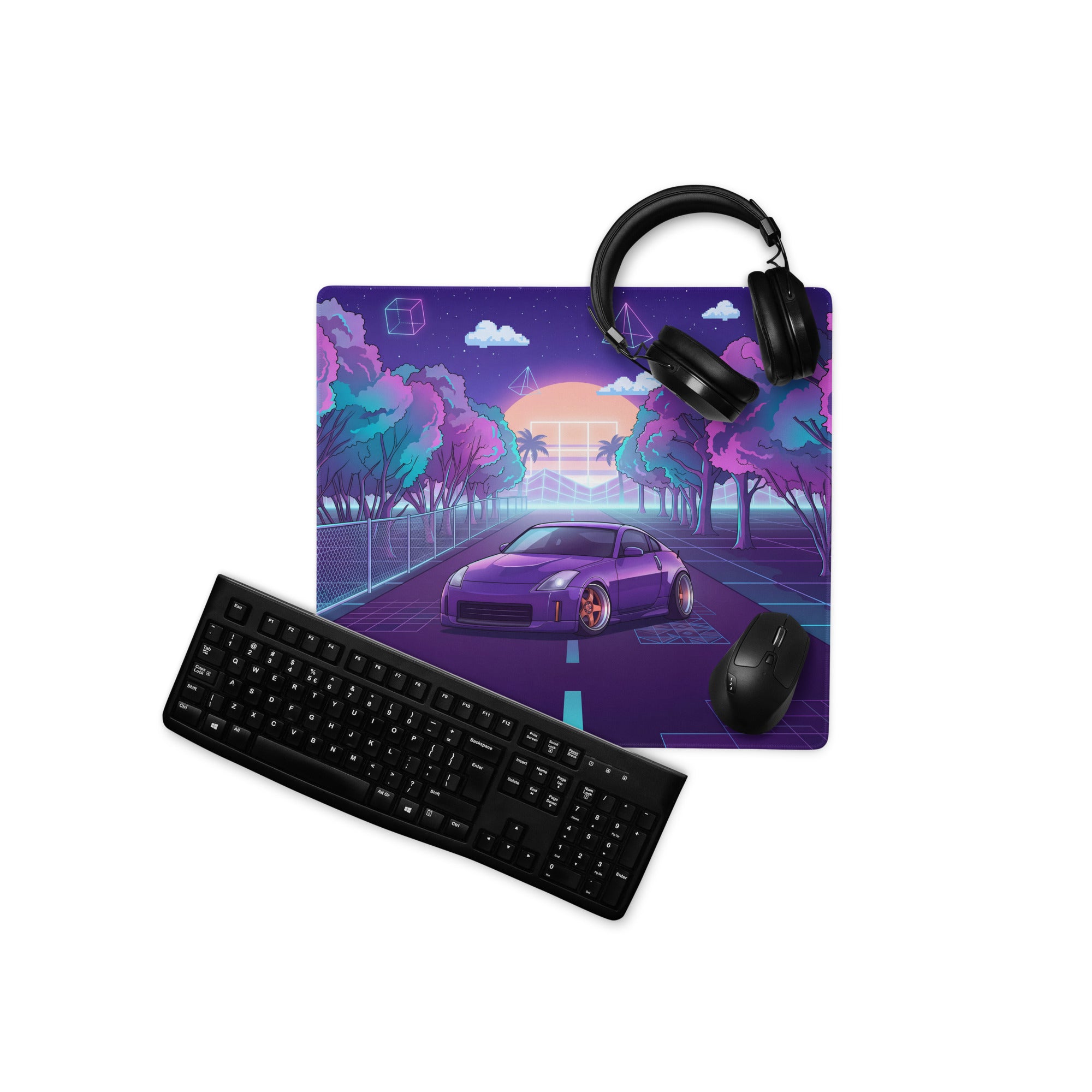 Nissan 350Z Z33 Inspired Purple Blue Vaporwave Gaming Mouse Pad, Neon JDM Sports Car Desk Mat with Retro Futuristic Forest Road Artwork