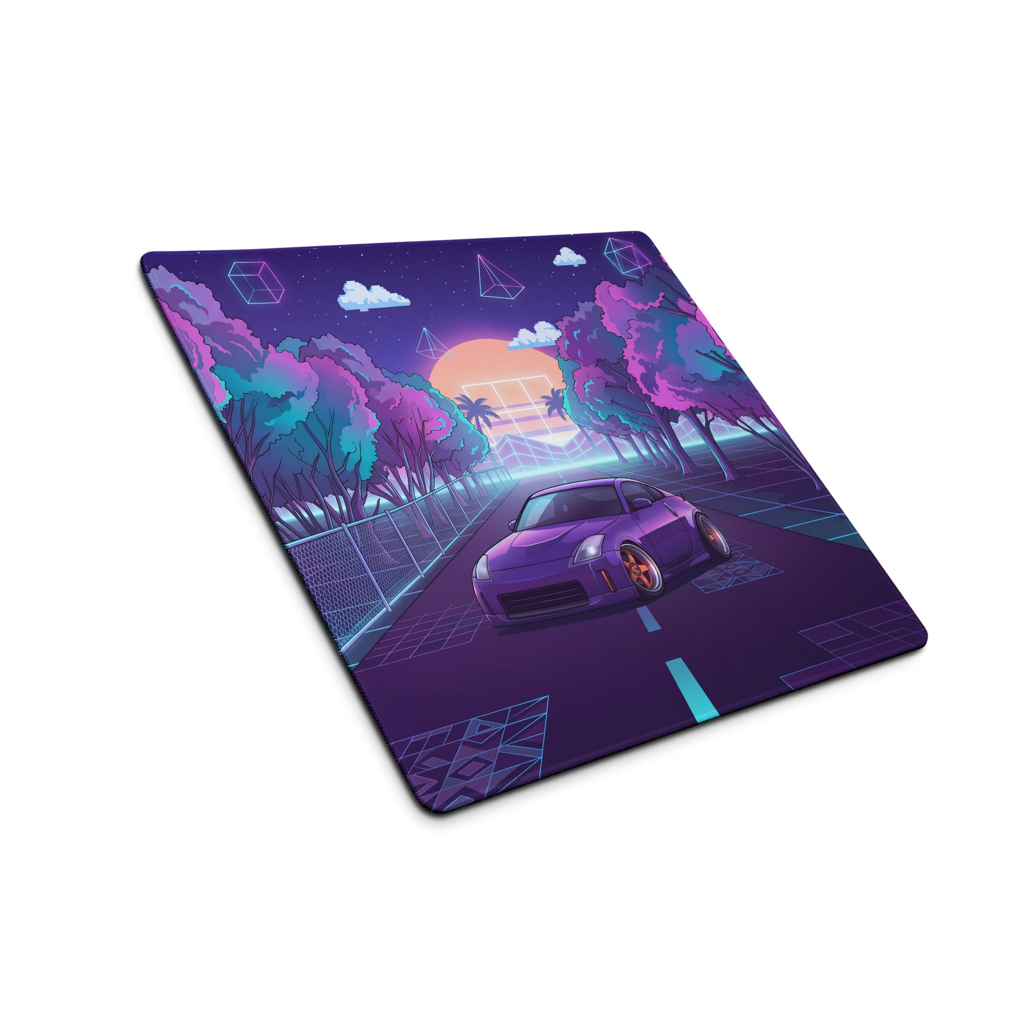 Nissan 350Z Z33 Inspired Purple Blue Vaporwave Gaming Mouse Pad, Neon JDM Sports Car Desk Mat with Retro Futuristic Forest Road Artwork
