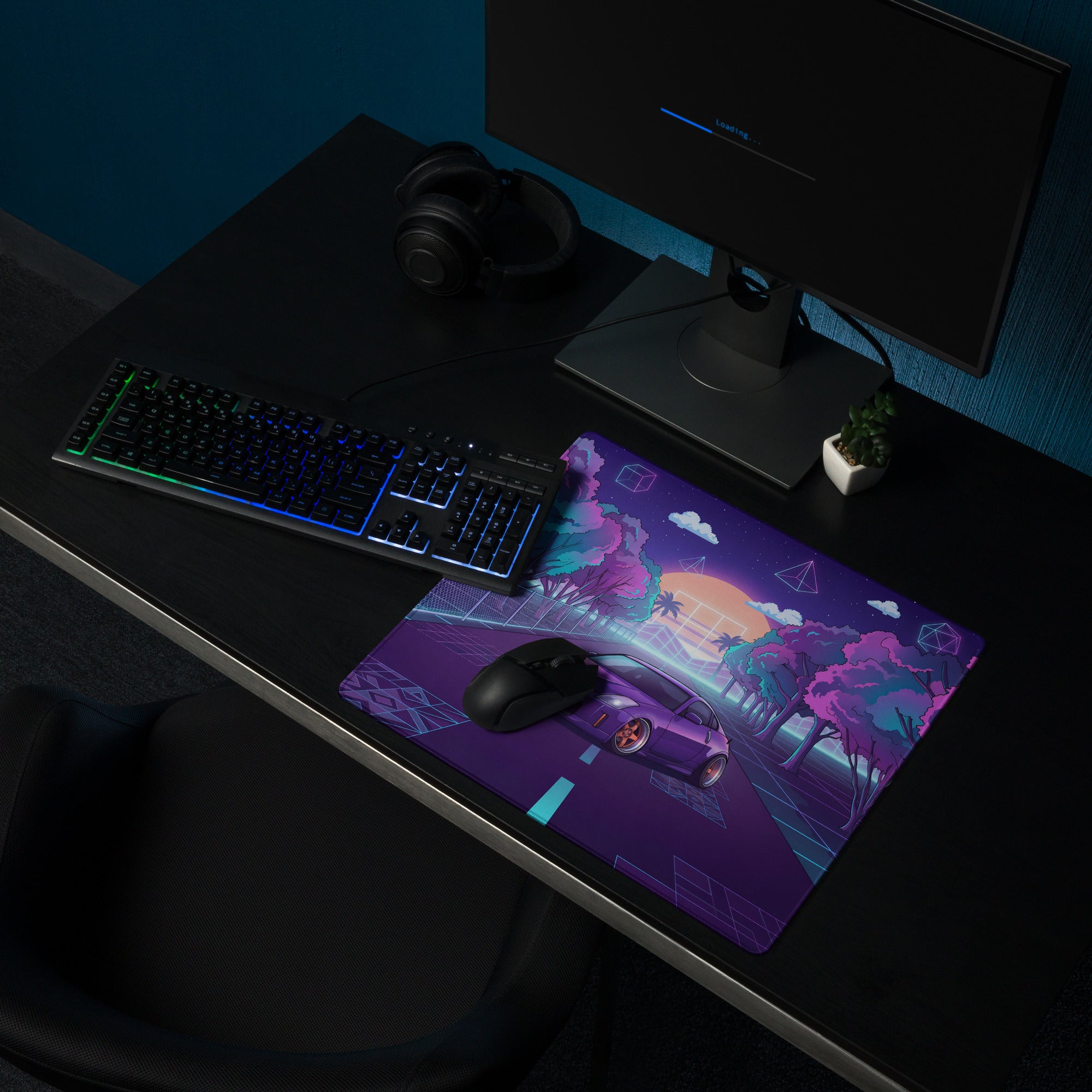 Nissan 350Z Z33 Inspired Purple Blue Vaporwave Gaming Mouse Pad, Neon JDM Sports Car Desk Mat with Retro Futuristic Forest Road Artwork