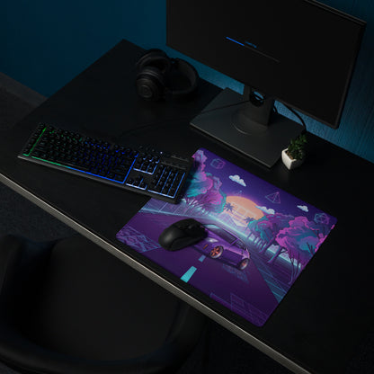 Nissan 350Z Z33 Inspired Purple Blue Vaporwave Gaming Mouse Pad, Neon JDM Sports Car Desk Mat with Retro Futuristic Forest Road Artwork