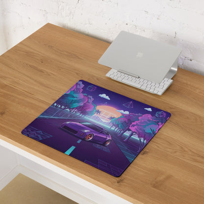 Nissan 350Z Z33 Inspired Purple Blue Vaporwave Gaming Mouse Pad, Neon JDM Sports Car Desk Mat with Retro Futuristic Forest Road Artwork