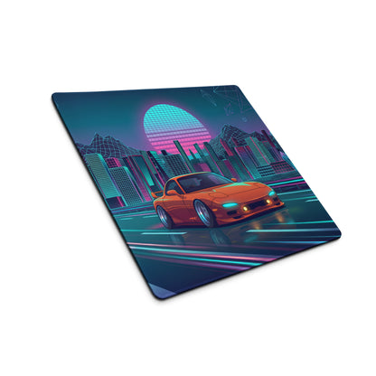 Mazda RX-7 FD Inspired Orange Blue Vaporwave Gaming Mouse Pad, Neon JDM Sports Car Desk Mat with Retro Futuristic Cyber City Highway Artwork