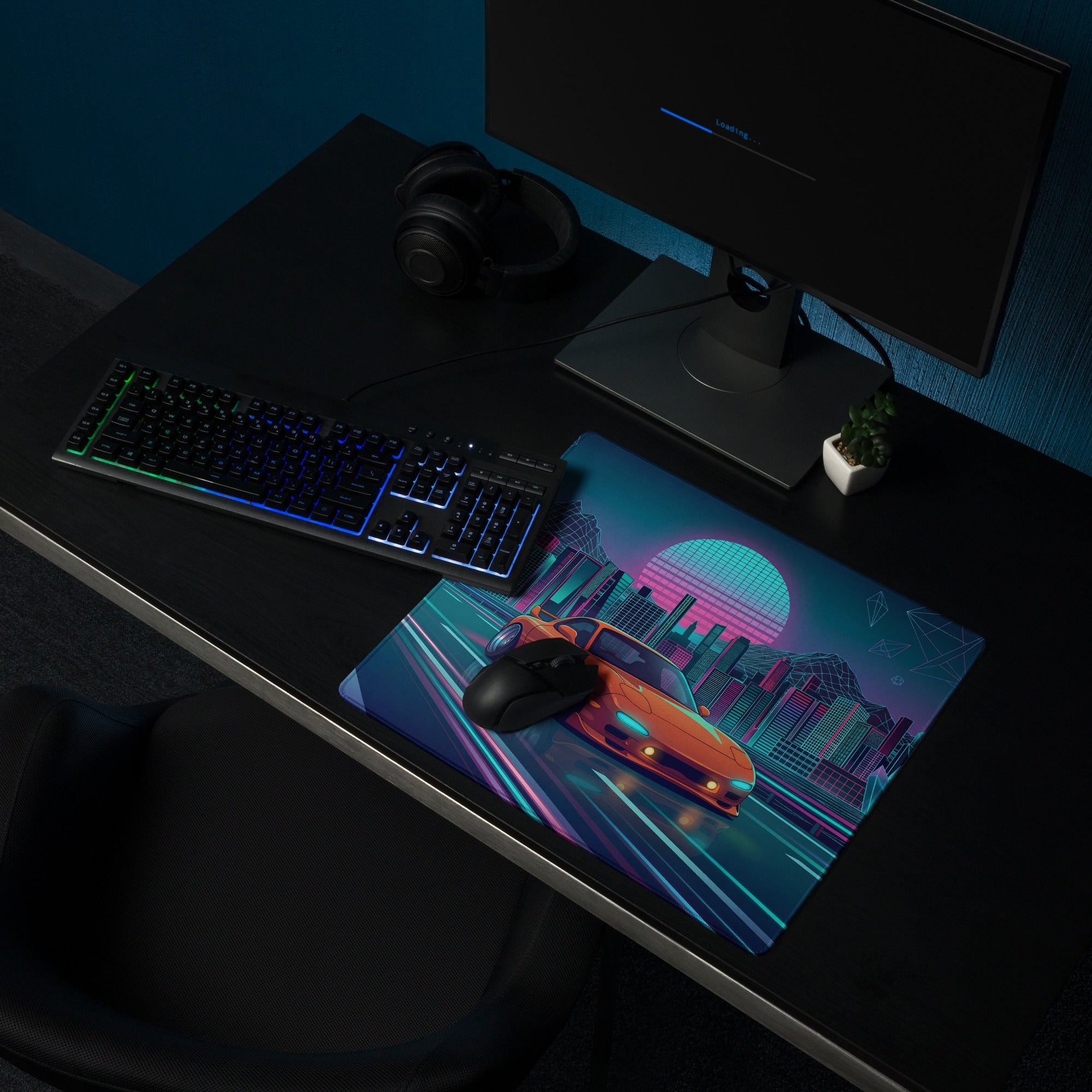 Mazda RX-7 FD Inspired Orange Blue Vaporwave Gaming Mouse Pad, Neon JDM Sports Car Desk Mat with Retro Futuristic Cyber City Highway Artwork