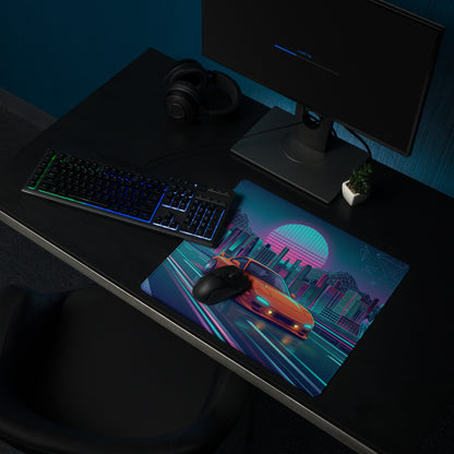 Mazda RX-7 FD Inspired Orange Blue Vaporwave Gaming Mouse Pad, Neon JDM Sports Car Desk Mat with Retro Futuristic Cyber City Highway Artwork