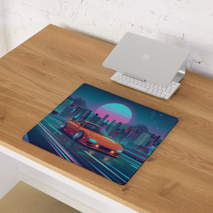 Mazda RX-7 FD Inspired Orange Blue Vaporwave Gaming Mouse Pad, Neon JDM Sports Car Desk Mat with Retro Futuristic Cyber City Highway Artwork