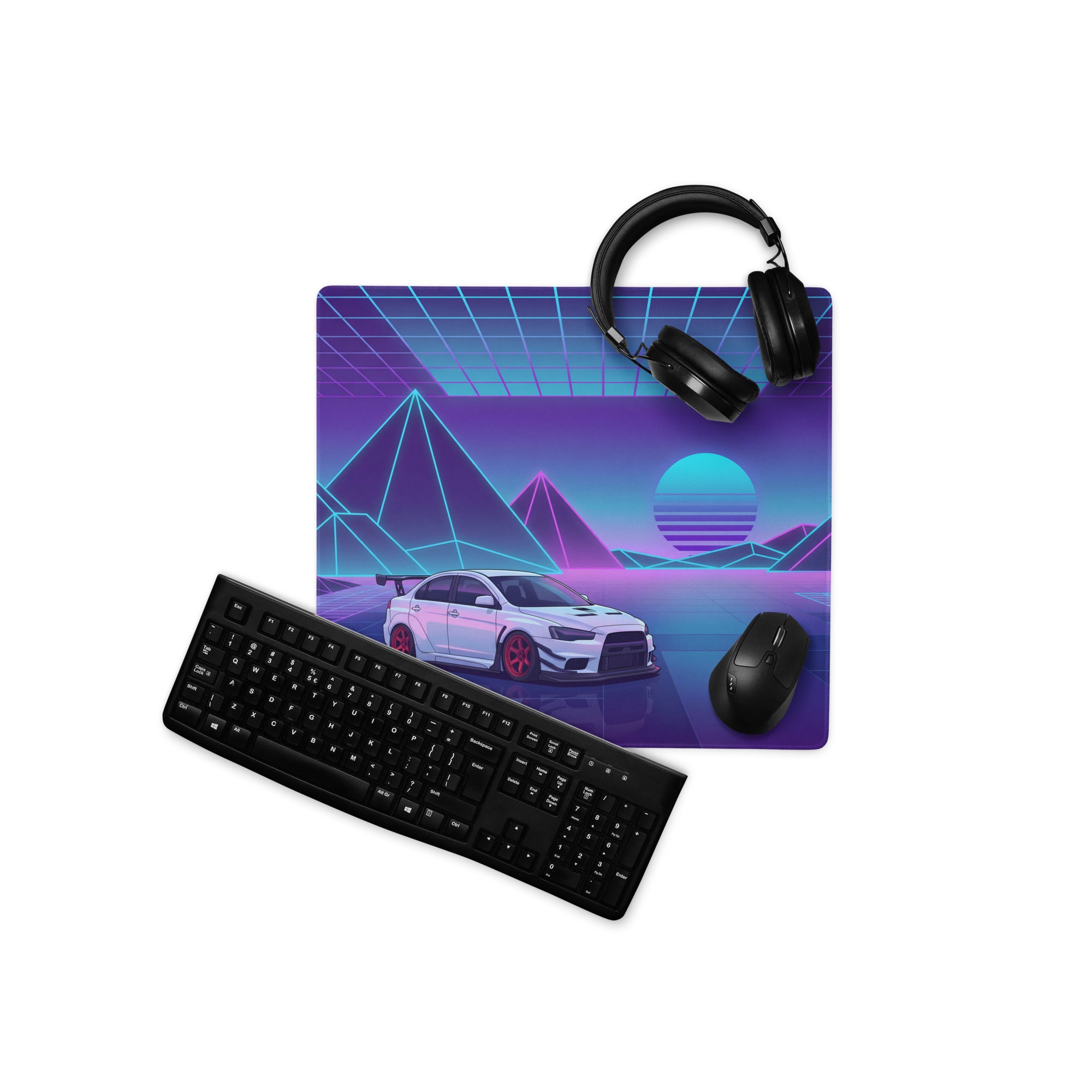 Mitsubishi Lancer Evolution X Inspired White Purple Vaporwave Gaming Mouse Pad, Neon JDM Rally Car Desk Mat with Retro Futuristic Cyber Grid Artwork