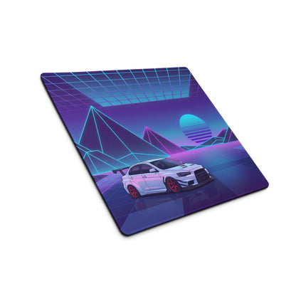 Mitsubishi Lancer Evolution X Inspired White Purple Vaporwave Gaming Mouse Pad, Neon JDM Rally Car Desk Mat with Retro Futuristic Cyber Grid Artwork
