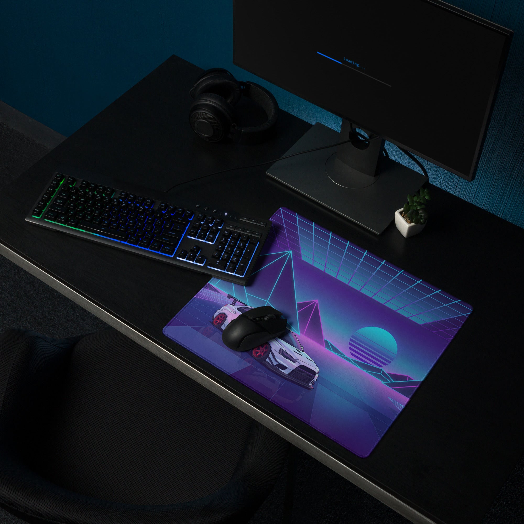 Mitsubishi Lancer Evolution X Inspired White Purple Vaporwave Gaming Mouse Pad, Neon JDM Rally Car Desk Mat with Retro Futuristic Cyber Grid Artwork