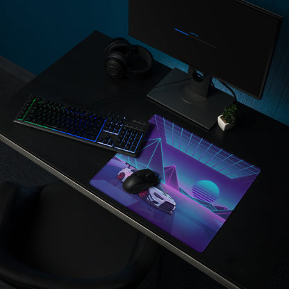 Mitsubishi Lancer Evolution X Inspired White Purple Vaporwave Gaming Mouse Pad, Neon JDM Rally Car Desk Mat with Retro Futuristic Cyber Grid Artwork