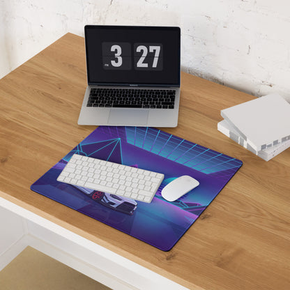 Mitsubishi Lancer Evolution X Inspired White Purple Vaporwave Gaming Mouse Pad, Neon JDM Rally Car Desk Mat with Retro Futuristic Cyber Grid Artwork