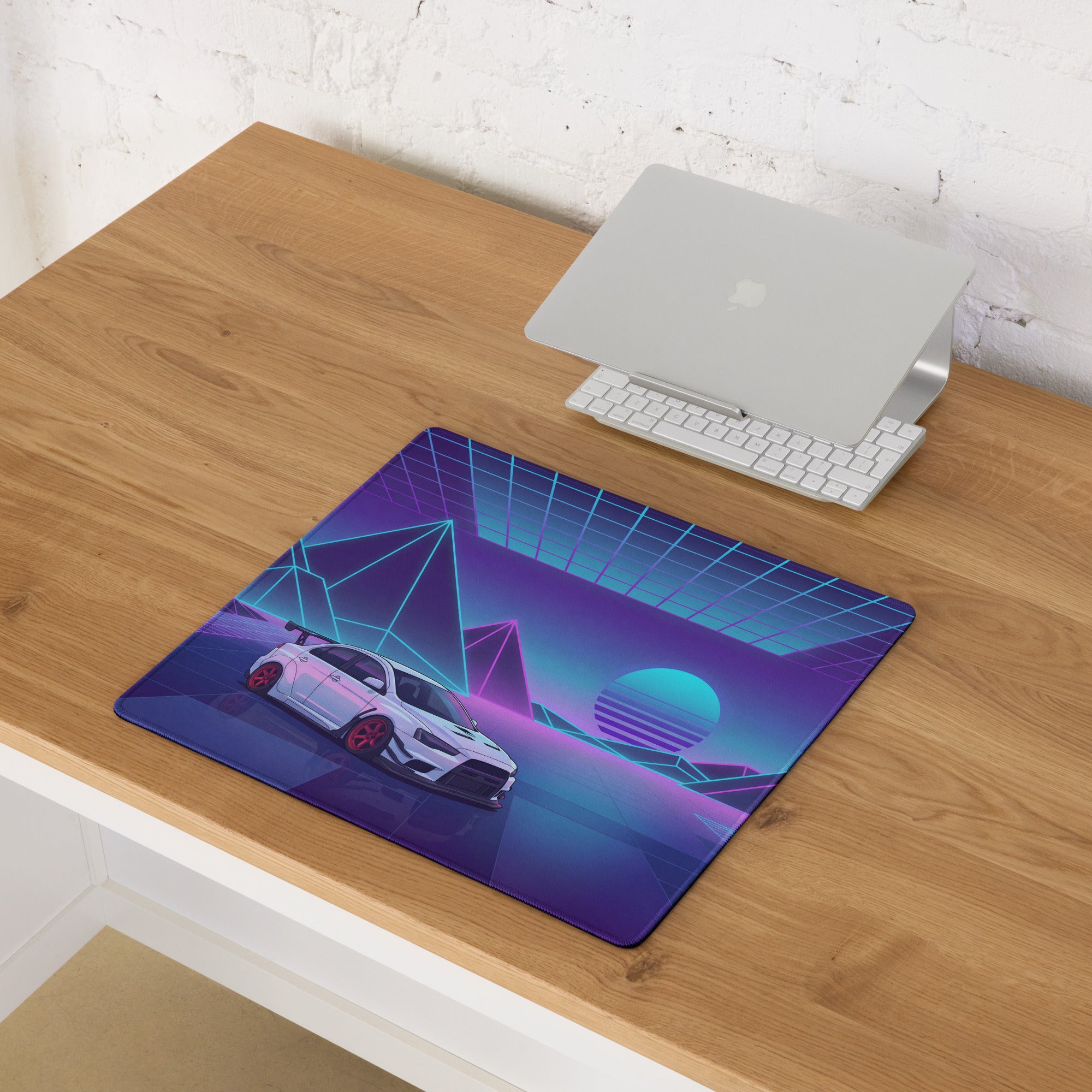 Mitsubishi Lancer Evolution X Inspired White Purple Vaporwave Gaming Mouse Pad, Neon JDM Rally Car Desk Mat with Retro Futuristic Cyber Grid Artwork