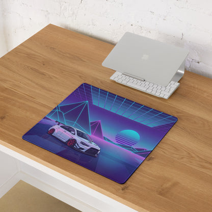 Mitsubishi Lancer Evolution X Inspired White Purple Vaporwave Gaming Mouse Pad, Neon JDM Rally Car Desk Mat with Retro Futuristic Cyber Grid Artwork