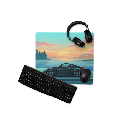 Nissan 350Z Z33 Inspired Black Teal Vaporwave Gaming Mouse Pad, JDM Sports Car Desk Mat with Retro Futuristic Lakeside Sunset Artwork