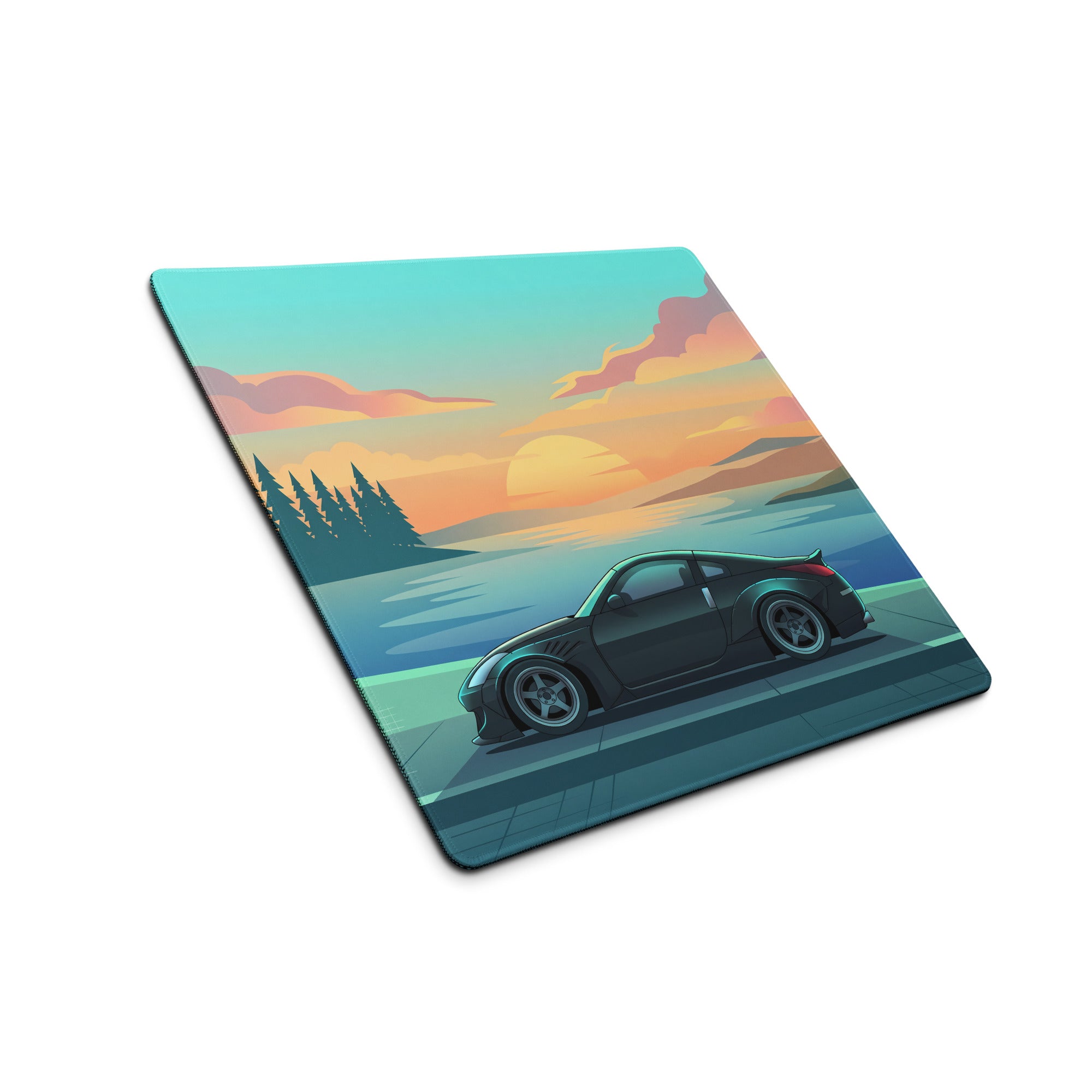 Nissan 350Z Z33 Inspired Black Teal Vaporwave Gaming Mouse Pad, JDM Sports Car Desk Mat with Retro Futuristic Lakeside Sunset Artwork