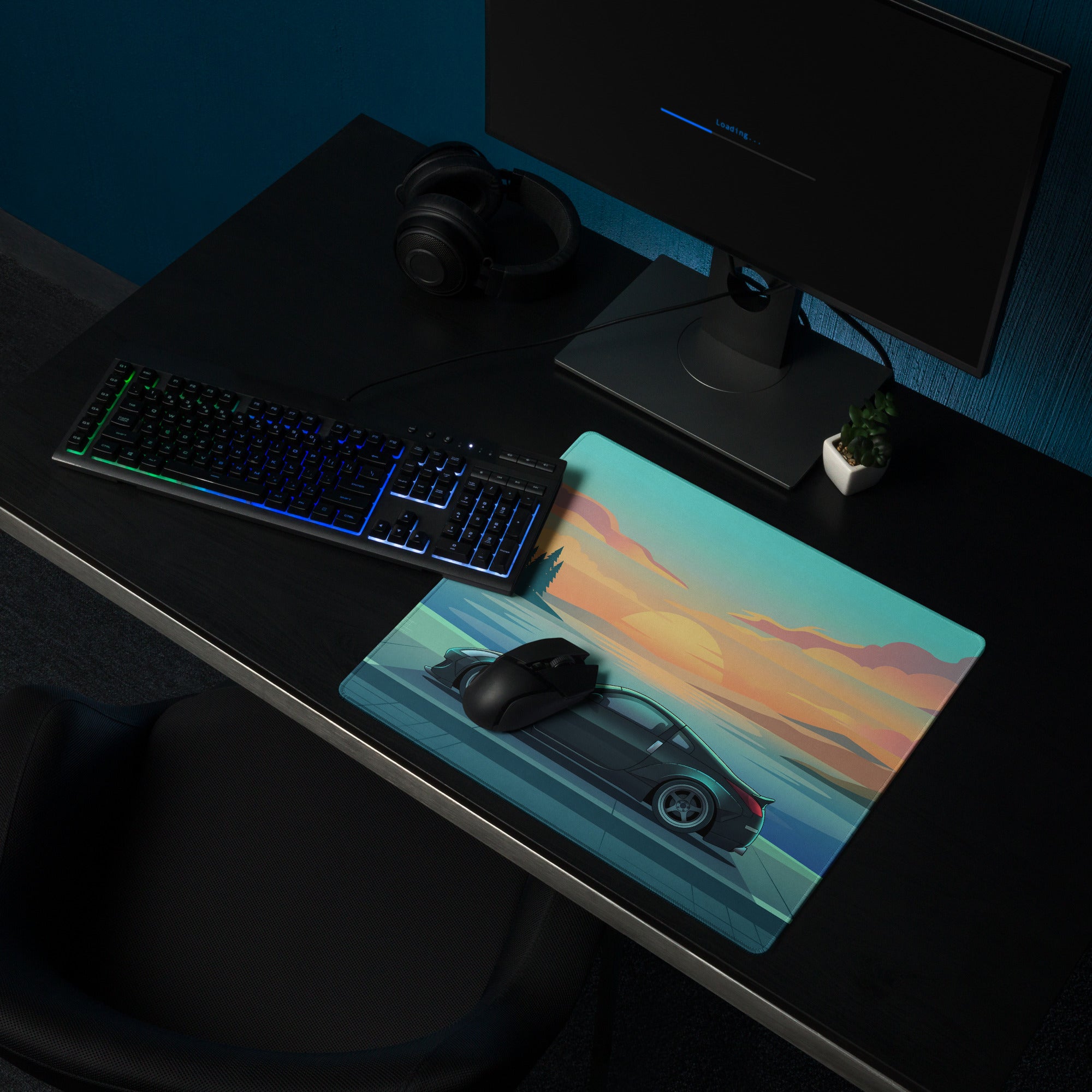 Nissan 350Z Z33 Inspired Black Teal Vaporwave Gaming Mouse Pad, JDM Sports Car Desk Mat with Retro Futuristic Lakeside Sunset Artwork