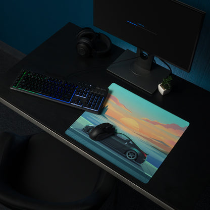 Nissan 350Z Z33 Inspired Black Teal Vaporwave Gaming Mouse Pad, JDM Sports Car Desk Mat with Retro Futuristic Lakeside Sunset Artwork