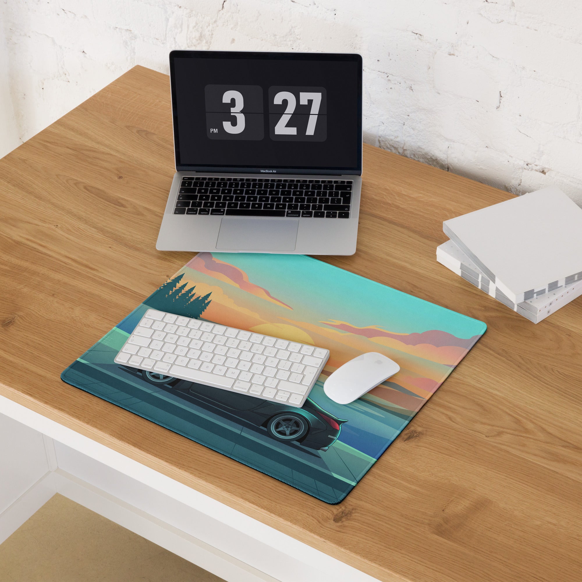 Nissan 350Z Z33 Inspired Black Teal Vaporwave Gaming Mouse Pad, JDM Sports Car Desk Mat with Retro Futuristic Lakeside Sunset Artwork