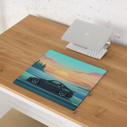 Nissan 350Z Z33 Inspired Black Teal Vaporwave Gaming Mouse Pad, JDM Sports Car Desk Mat with Retro Futuristic Lakeside Sunset Artwork