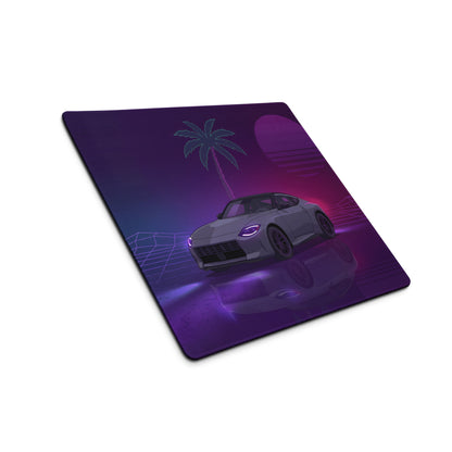 Nissan Z RZ34 Inspired Gray Purple Vaporwave Gaming Mouse Pad, Neon JDM Sports Car Desk Mat with Retro Futuristic Palm Sunset Artwork