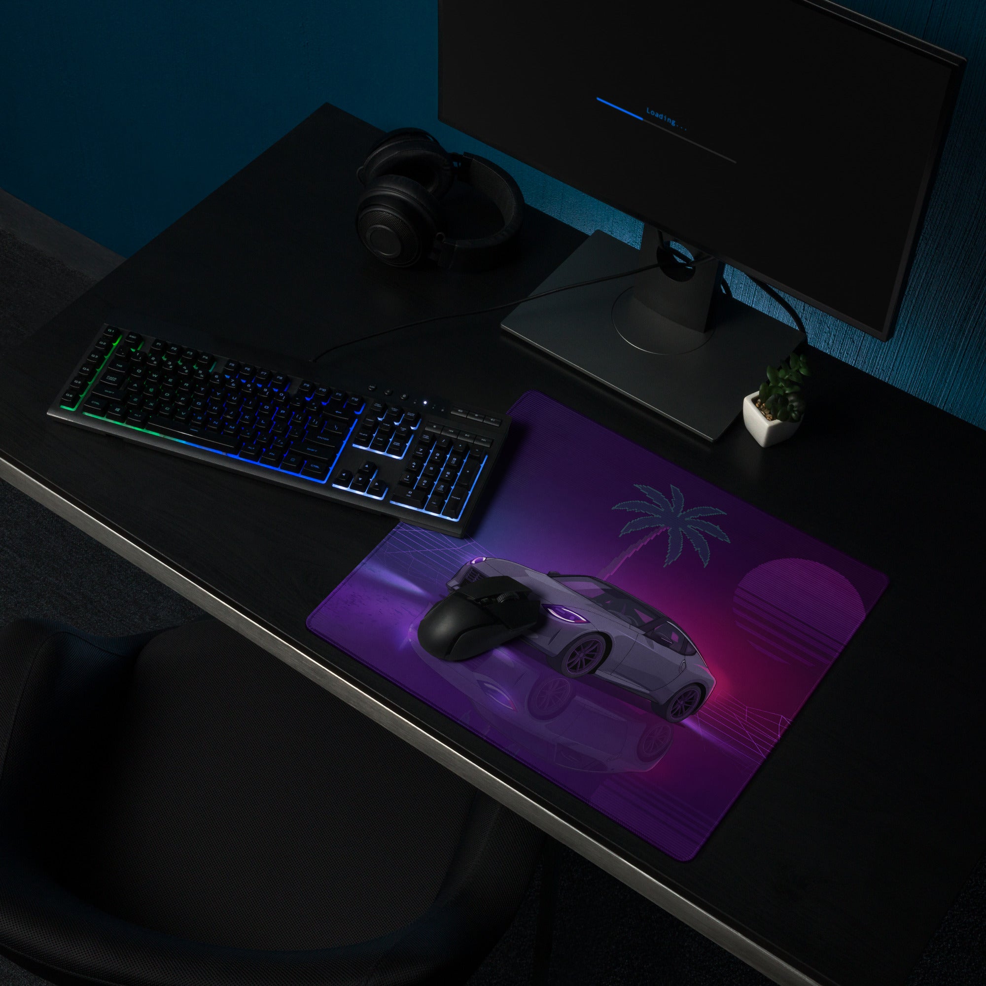 Nissan Z RZ34 Inspired Gray Purple Vaporwave Gaming Mouse Pad, Neon JDM Sports Car Desk Mat with Retro Futuristic Palm Sunset Artwork