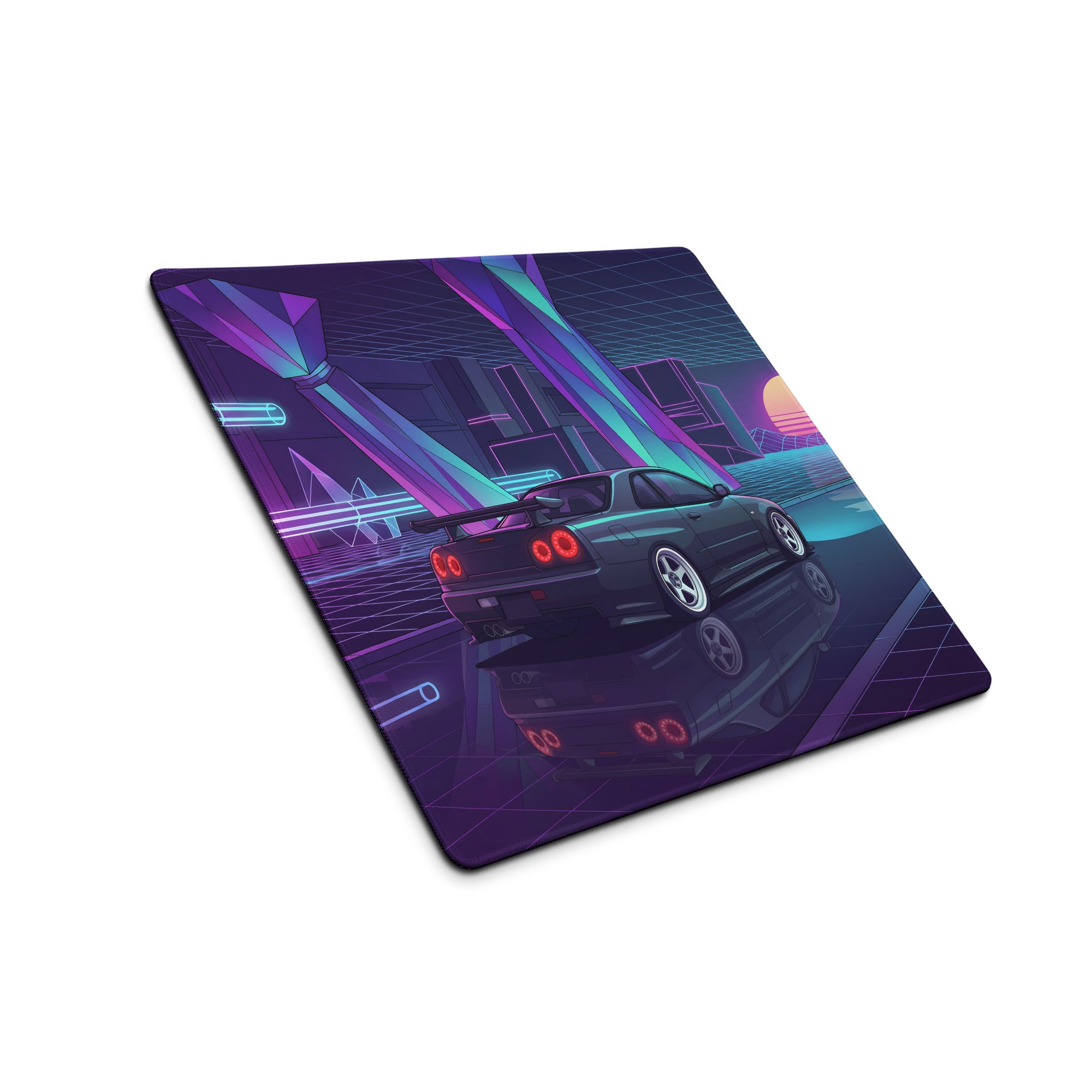 Nissan Skyline GT-R R34 Inspired Gray Purple Vaporwave Gaming Mouse Pad, Neon JDM Sports Car Desk Mat with Retro Futuristic Sunset Grid Artwork
