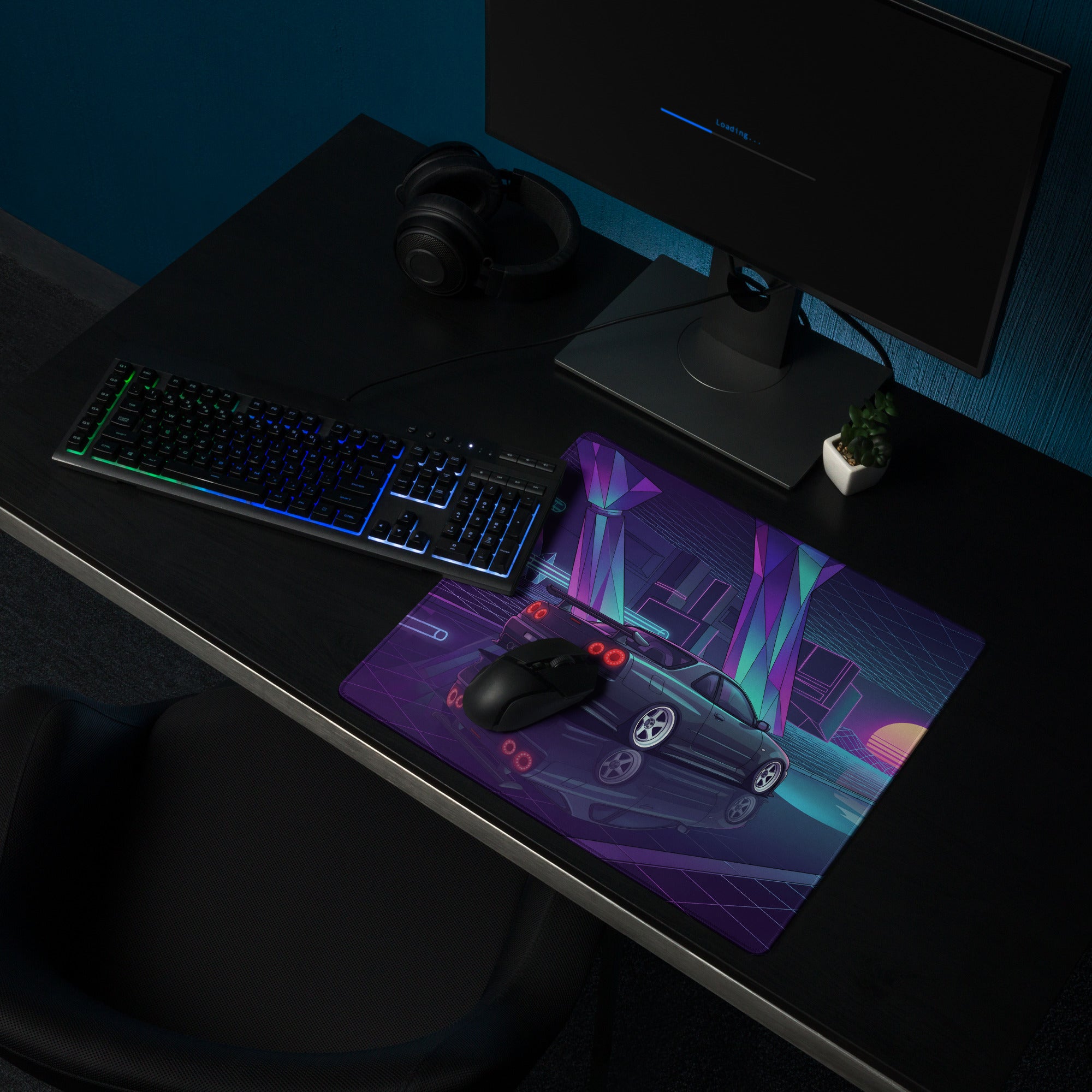 Nissan Skyline GT-R R34 Inspired Gray Purple Vaporwave Gaming Mouse Pad, Neon JDM Sports Car Desk Mat with Retro Futuristic Sunset Grid Artwork